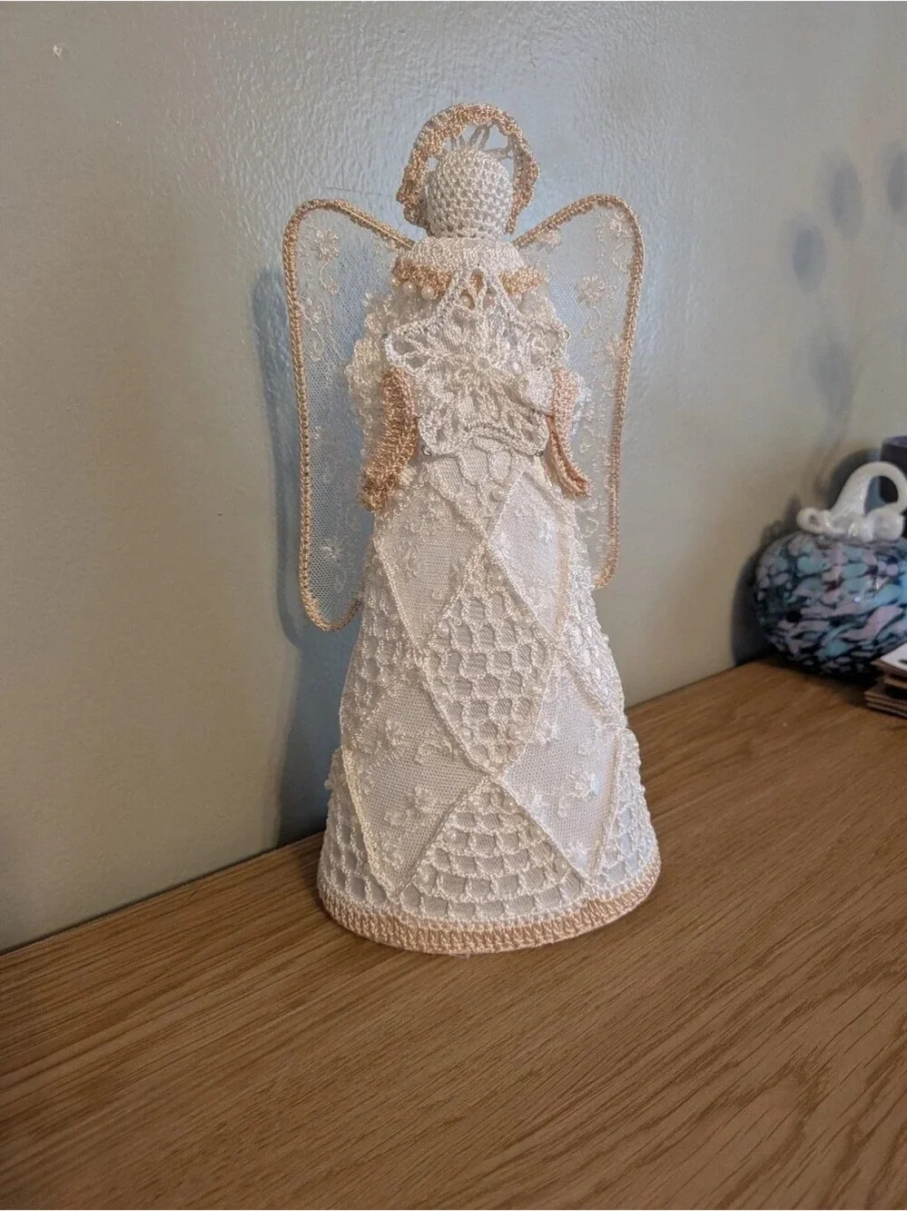 White and Gold Lace Angel Tree Topper - Decorative Holiday Accent